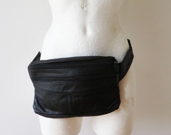 Vintage 90s Leather Fanny Pack Black Hip Bag Genuine Leather Waist Wallet Bum Bag Bumbag Pouch Bag Festival Belt Bag Gift for Her Him