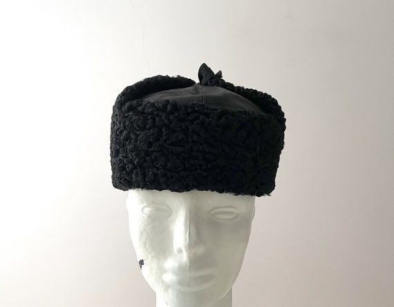 Black curly lamb ushanka, real fur genuine leathe… - image 4