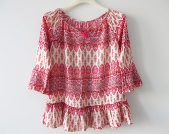 Vintage Floral Boho Blouse: Ruffle Bohemian Tunic, Small Size