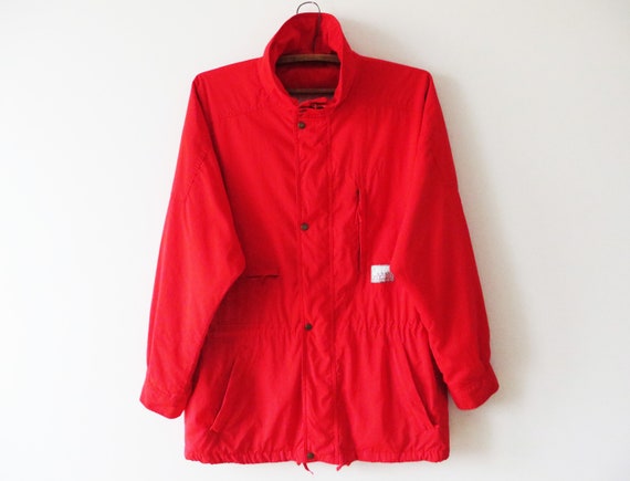 Vintage 80s Long Parka Jacket Hot Red KLEPPER Plu… - image 1