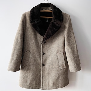 70s Men&#39;s tweed winter coat, wool Preppy overcoat with faux fur collar and insulation, brown wool blazer, gift for him, size large