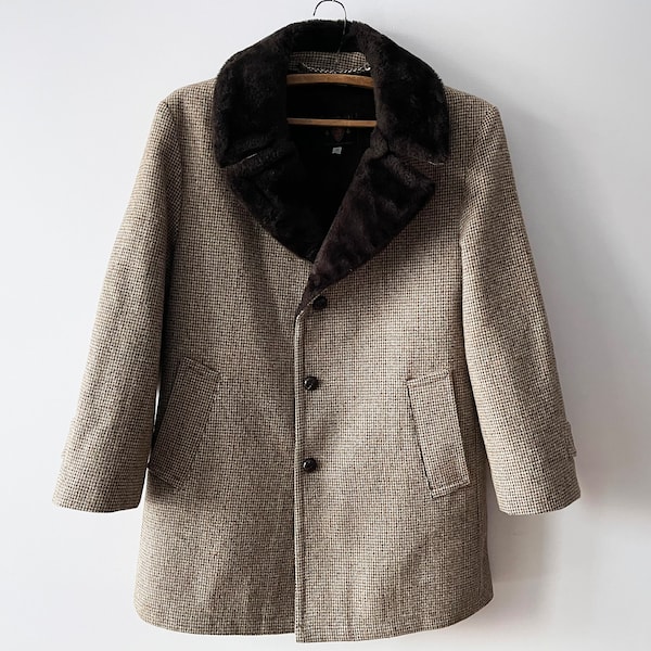 Manteau d'hiver en tweed pour hommes des années 70, pardessus Preppy en laine avec col en fausse fourrure et isolation, blazer en laine marron, cadeau pour lui, grande taille