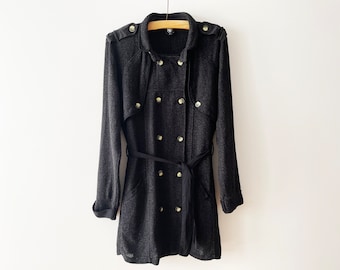 Gabardina vintage NÜ Denmark: parka tejida gris oscuro con cinturón, talla pequeña