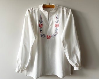 White Summer Cotton Top Long Sleeve Embroidered Tunic Women Bohemian Button up Blouse Summer Days Lightweight Blouse Gift for Her Size Large