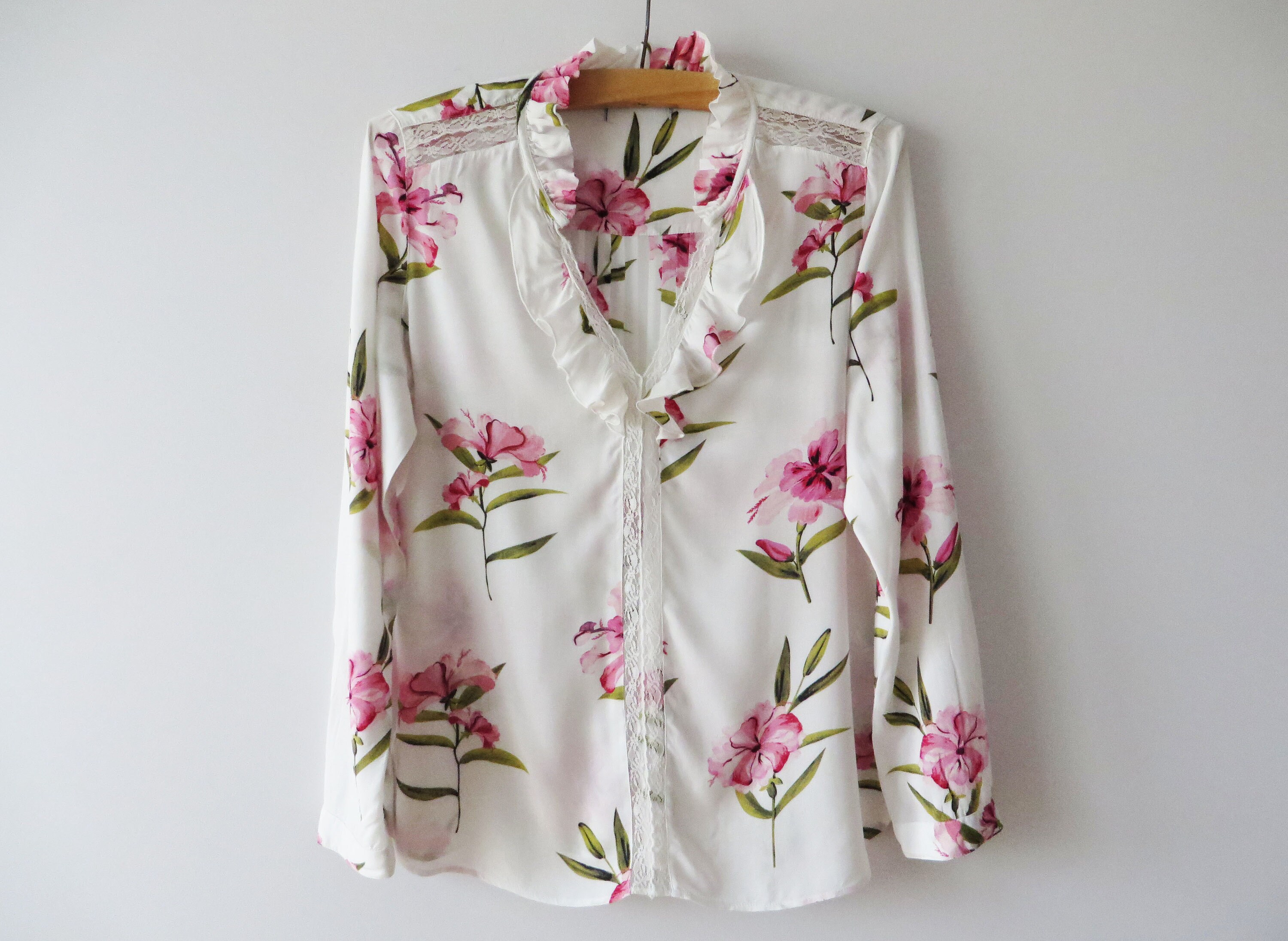 White Floral Viscose Blouse Women Summer Shirt Long Sleeve Etsy