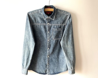 Vintage Denim Shirt: Men's Long Sleeve Blue Cotton Chemise (M)