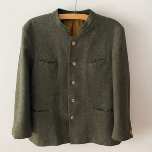 Men&#39;s khaki wool coat, Vintage 1980s Loden blazer, short trachten greatcoat, topcoat outerwear, gift idea for him, size large