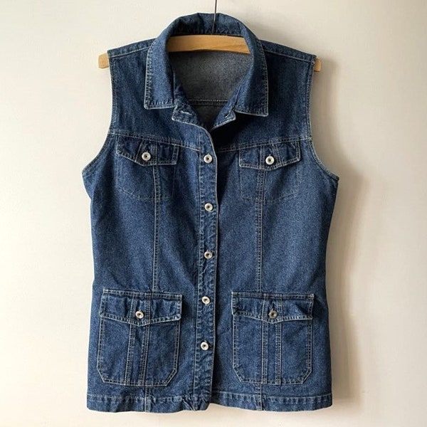 Women's blue denim vest, long collared denim jean waistcoat, Western cowgirl top, gift idea for her, denim summer top, Large
