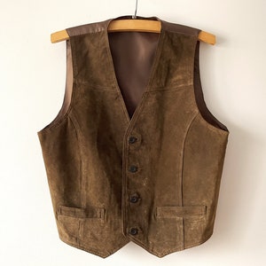 Men&#39;s suede vest, brown genuine leather biker waistcoat, beige gentlemen&#39;s boho vest, motorcycle rider top, leather fetish, medium