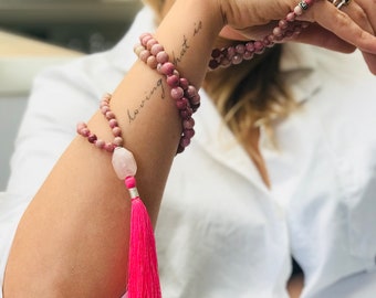 Inspirational gift for woman Loving What Is Gemstone Mala Rose Quartz Rhodonite Mala /& Garnet Long tassel necklace Bohemian 108 Mala