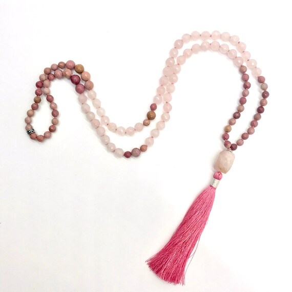 Inspirational gift for woman Loving What Is Gemstone Mala Rose Quartz Rhodonite Mala /& Garnet Long tassel necklace Bohemian 108 Mala
