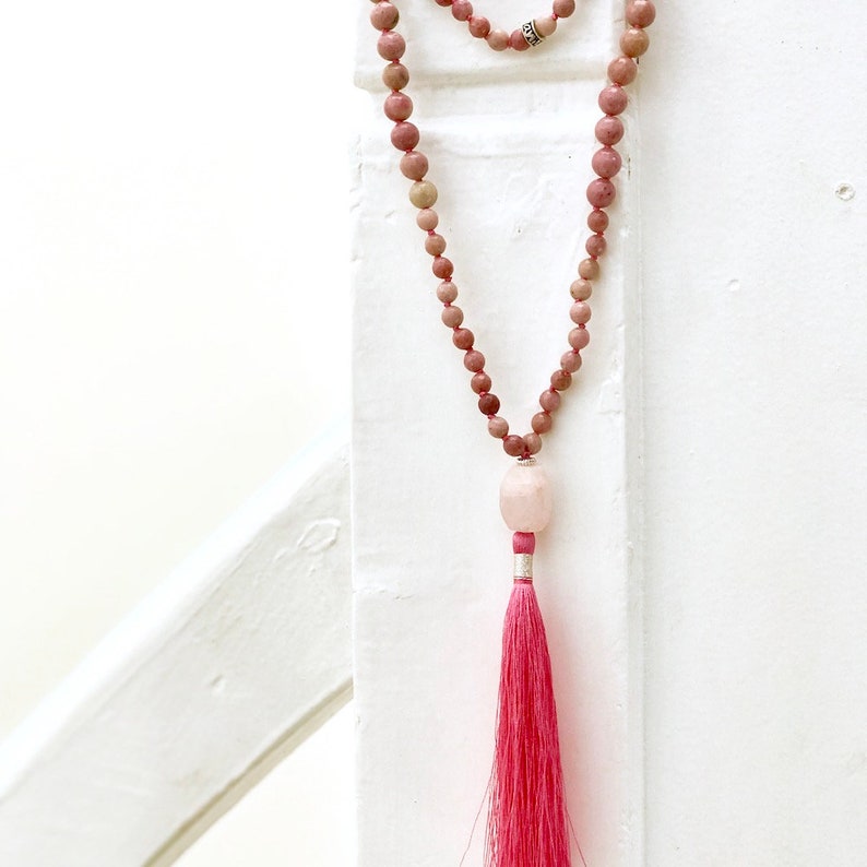 Inspirational gift for woman Loving What Is Gemstone Mala Rose Quartz Rhodonite Mala /& Garnet Long tassel necklace Bohemian 108 Mala
