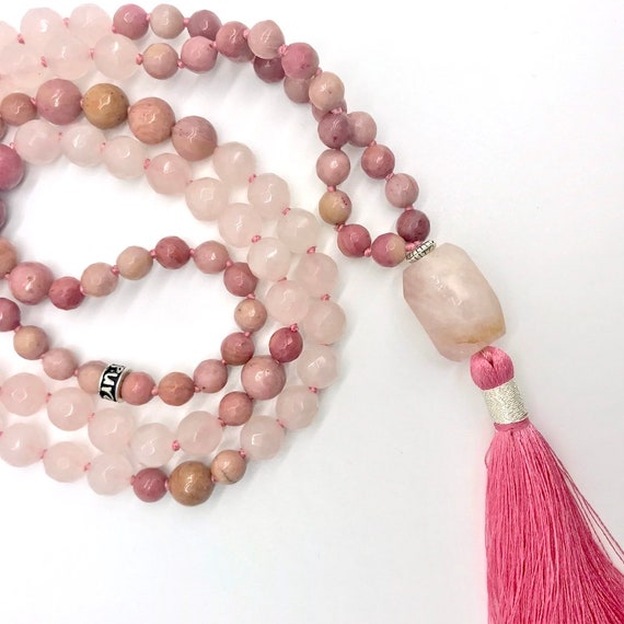 Inspirational gift for woman Loving What Is Gemstone Mala Rose Quartz Rhodonite Mala /& Garnet Long tassel necklace Bohemian 108 Mala