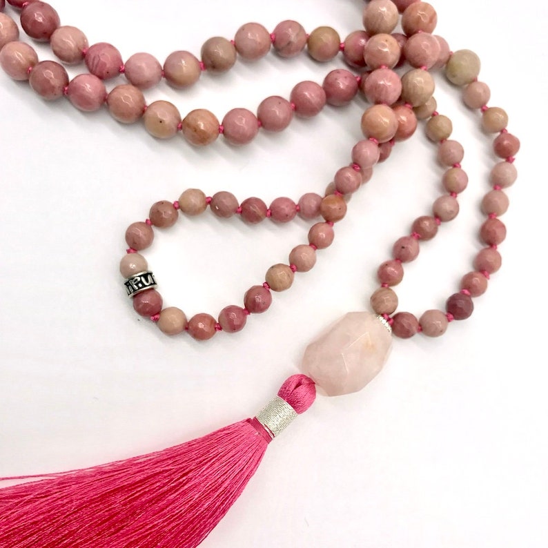 Inspirational gift for woman Loving What Is Gemstone Mala Rose Quartz Rhodonite Mala /& Garnet Long tassel necklace Bohemian 108 Mala