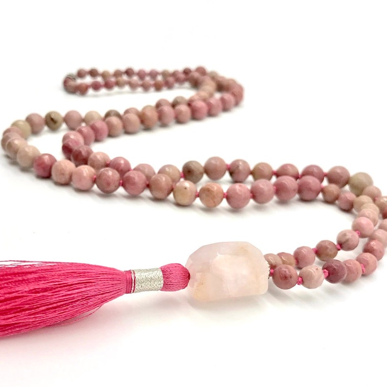 Inspirational gift for woman Loving What Is Gemstone Mala Rose Quartz Rhodonite Mala /& Garnet Long tassel necklace Bohemian 108 Mala