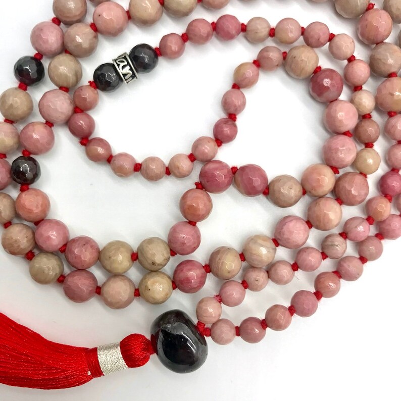 Inspirational gift for woman Loving What Is Gemstone Mala Rose Quartz Rhodonite Mala /& Garnet Long tassel necklace Bohemian 108 Mala