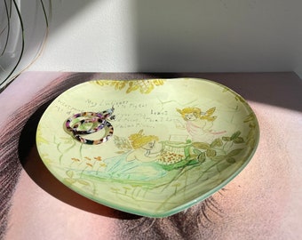 John Derian 8" Heart-Shaped Valentine Cupid Plate/Dish, Collaged Paper Under Handblown Glass