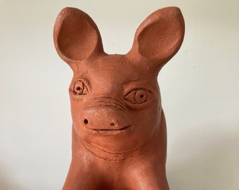 Whimsical Sculptural Handmade Vintage Studio Pottery Terra Cotta Clay Pig Figure Figurine Piggy Coin Bank Sculpture Art Novelty