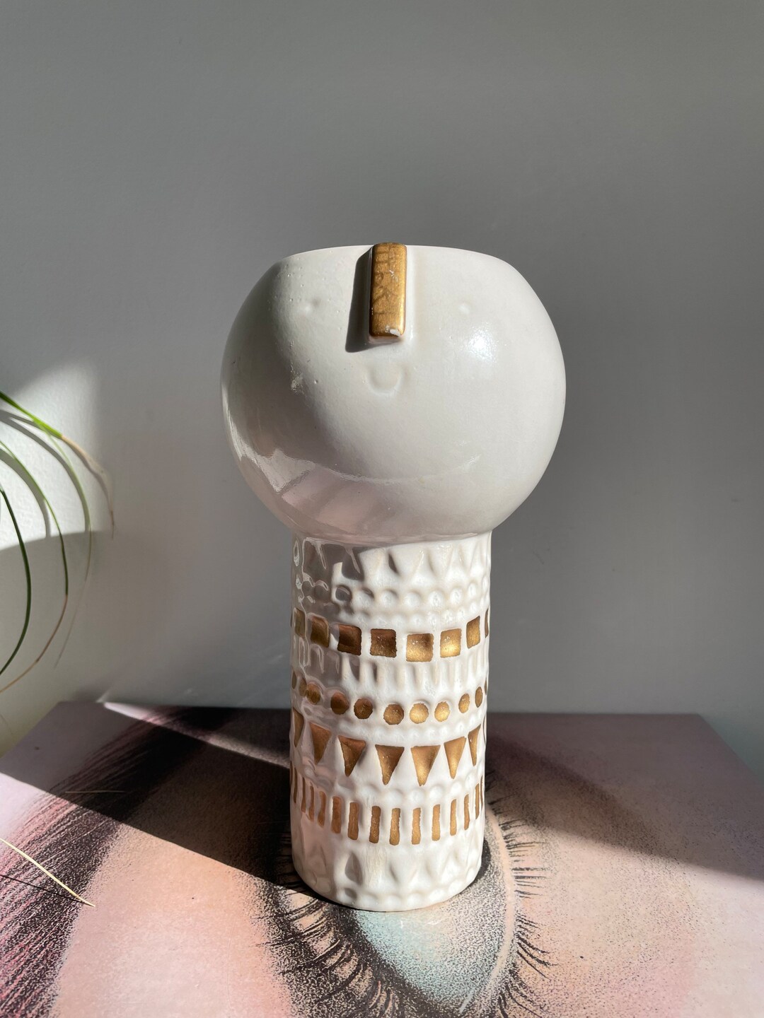 Atelier Stella West Elm Tall Ceramic Face Vase With Gold Accents, Mid