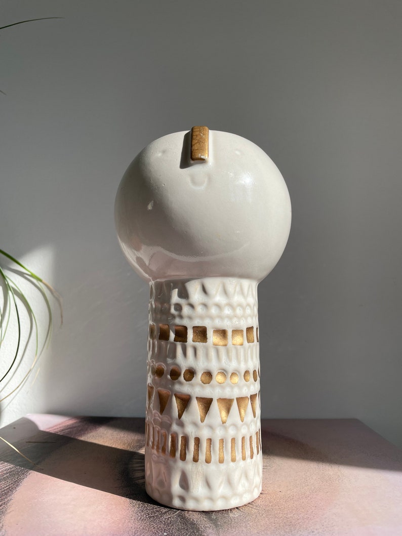 Atelier Stella West Elm Tall Ceramic Face Vase With Gold Accents, Mid