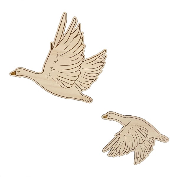 Duo d'Oies Maxi. Envolée d’oiseaux en bois, découpe laser.