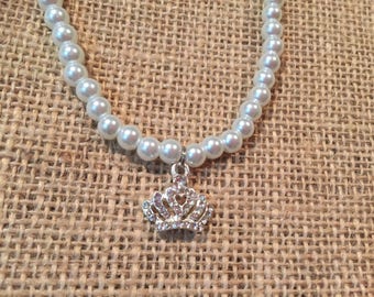 Glass Pearl Dog or Cat Stretch Necklace with a Rhinestone Charm