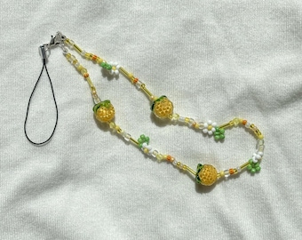 Lemon Flower Beaded Phone Charm, Handmade Summer Accessory Strap