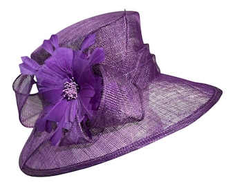 Women's 100% Sinamay Wide-brim Purple Church Derby Hat with Feather