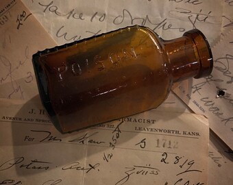 POISON antique amber glass apothecary quack medicine bottle-rare