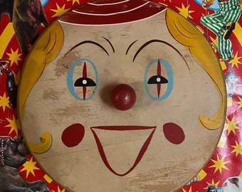 Handmade circus prop clown hand painted wall art hanging wood carny circus clown plaque folk art vintage circus