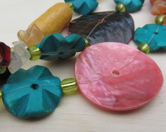 Pink, Mustard and Turquoise Bead Necklace