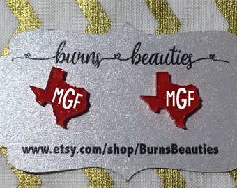 Texas State Earrings - Cute monogram earrings - Glitter earrings - Blue red and White - TX Studs - Bridemaid gift