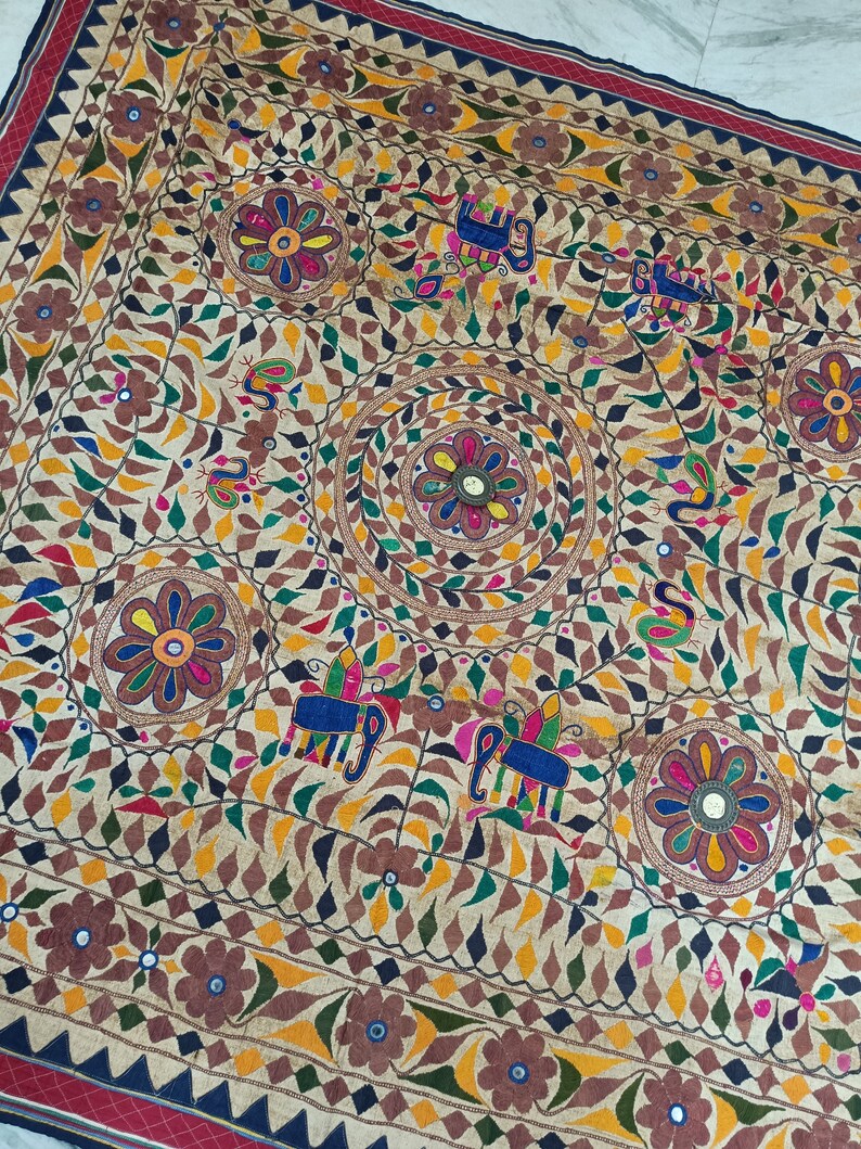 Tapisserie vintage Gujrati, 70-80 ans, coton, broderie de