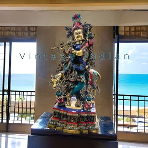 Brass Krishna Statue: 29&quot; Pooja Mandir Murti
