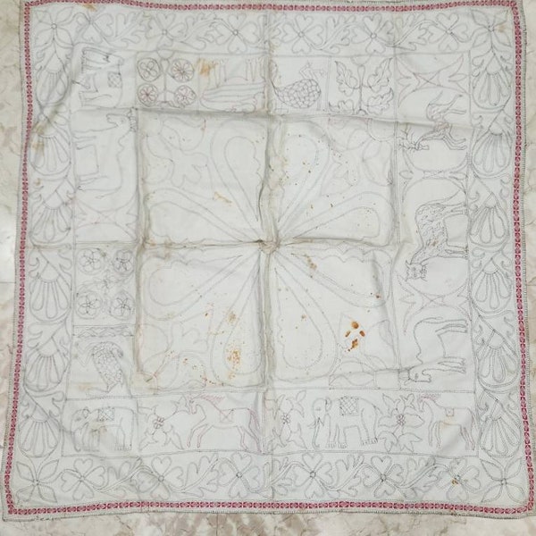 Kantha quilt embroidery on white cotton from bengal nakshi kantha figurative Kantha 19th century a story tale of jungle on nakshi kantha