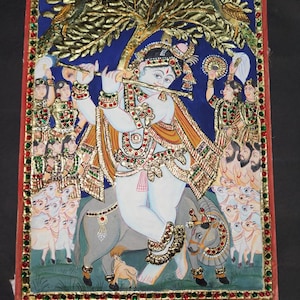 Tanjore painting Indian painting Tanjore art small Size 12 inch by 16 inch for home decor wall painting flute krishna
