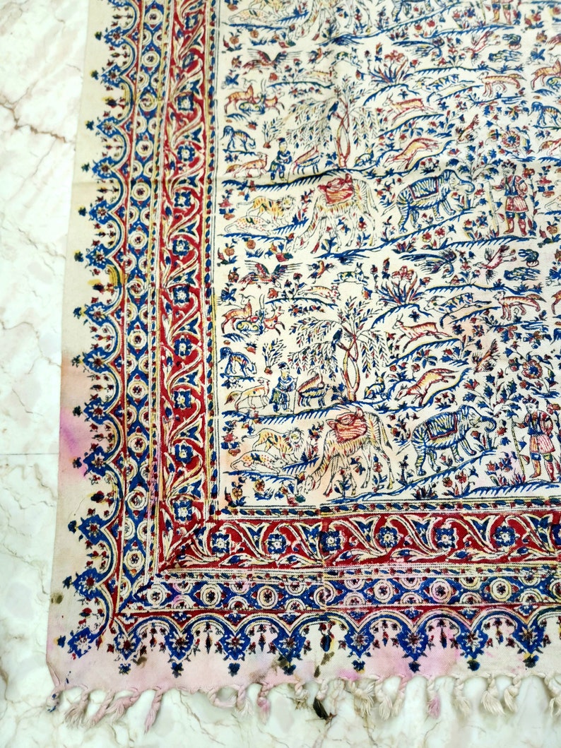 Antique Kalamkari Indian Wall Hanging Bed Cover Block Printed Fabric