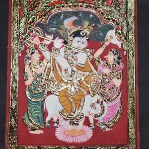 Tanjore painting Indian painting Tanjore art small Size 12 inch by 16 inch for home decor wall painting krishna and gopies