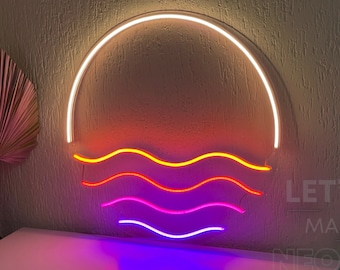 Sunrise sunset neon sign, Retro Sun Wave neon sign, Bedroom neon sign, Mountains led neon sign, Neon lights, Wall Sign, Retrowave Neon Sign