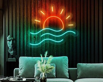 Sunrise sunset neon sign, Retro Sun Wave neon sign, Bedroom neon sign, Mountains led neon sign, Neon lights, Retrowave Neon Sign, Ocean neon