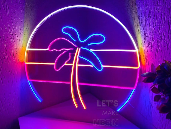 ヤシの木のレトロな 80 年代のネオンライト、ネオンサイン、壁の装飾