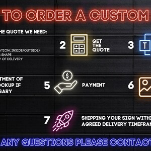 May include: A seven-step guide on how to order a custom sign. The steps are illustrated with neon icons. The steps are: 1. Get a quote, 2. Get the quote, 3. Preparing a mock-up, 4. Adjustment of the mockup if necessary, 5. Payment, 6. Get photos of the ready sign, 7. Shipping your sign within the agreed delivery timeframe. The text "@NEONDEMONN" is at the bottom of the image.