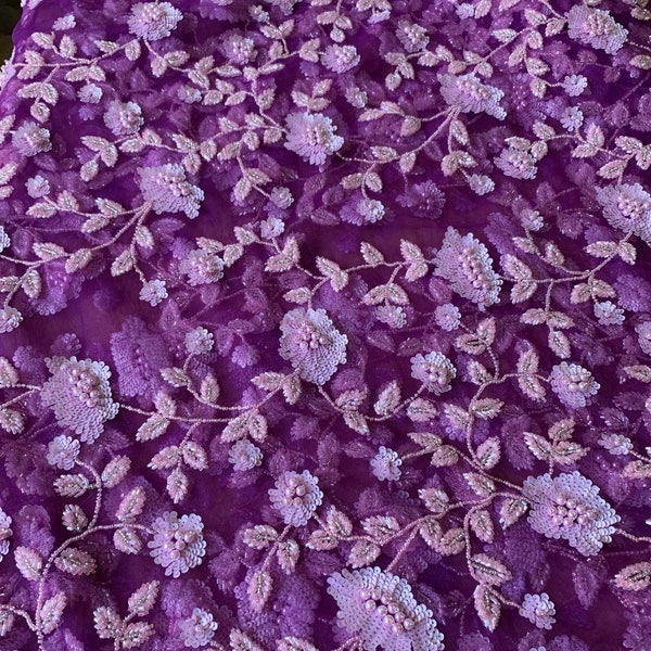 Fabulous Luxury Lilac Tulle Fabric embellished with Beads, Peals and Sequins- 5 yards