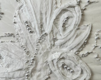 Fabulous Bridal Ivory Hand made Tulle Fabric embellished with Beads, Sequins and 3D Appliqué- - Sold per yard