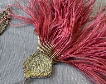 Luxury Handmade Pink Gold Motif with Ostrich Feathers and Beads