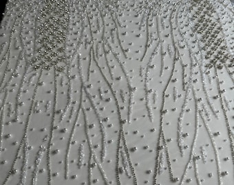 Luxury Bridal Ivory Hand made Tulle Fabric embellished with Beads, Sequins and Pearls - - Sold per yard