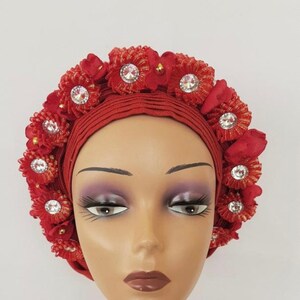 Pre-tied Red Beaded, Appliqué with Rhinestones Autogele Aso-oke