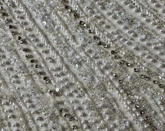 Exquisite Bridal Ivory Hand made Tulle Fabric embellished with Beads, Sequins and Pearls - - Sold per yard