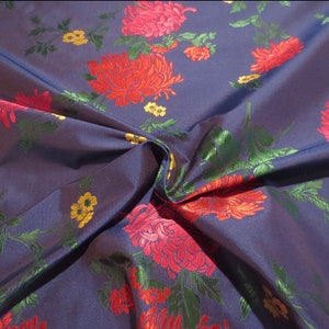 Brilliant Red and Green on Dark Blue Floral Polyester Brocade Fabric -- Sold per yard