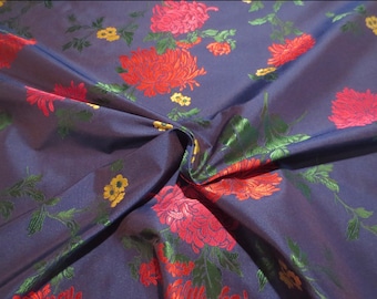 Brilliant Red and Green on Dark Blue Floral Polyester Brocade Fabric -- Sold per yard